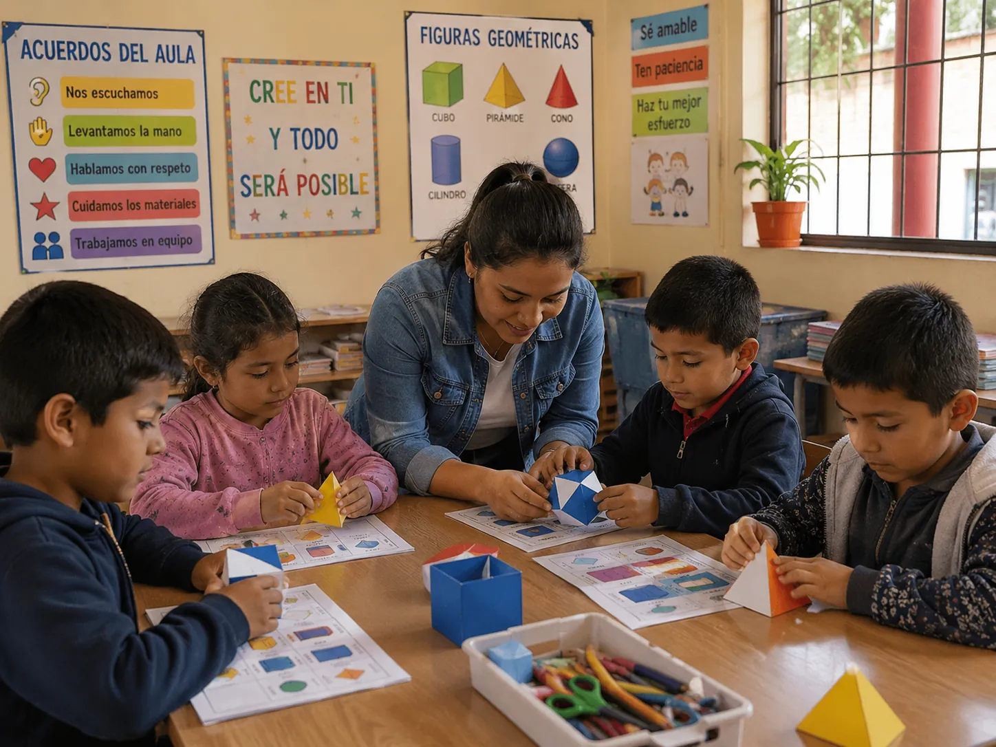 Maestra usando el kit de cuerpos geométricos en clase 3