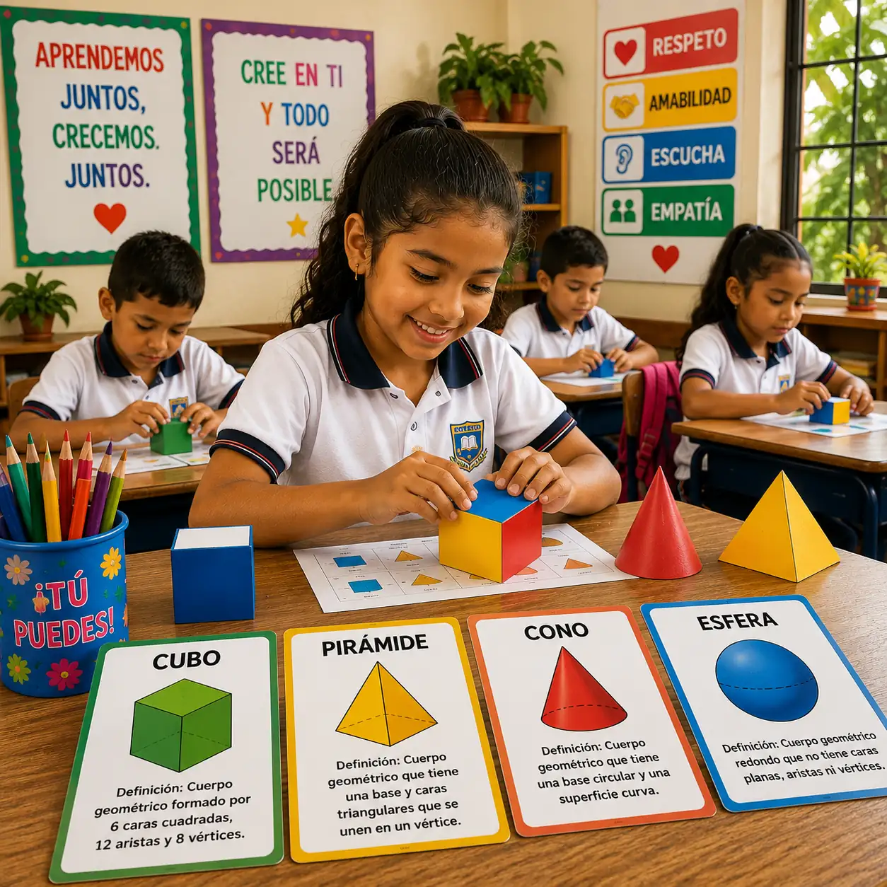 Maestra usando el kit de cuerpos geométricos en clase 1